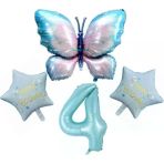 Parti Sürprizi Mavi Kelebekli Happy Birthday 4 Yaş Folyo Balon Set