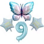 Parti Sürprizi Mavi Kelebekli Happy Birthday 9 Yaş Folyo Balon Set