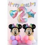PARTİAVM 2 Yaş Minnie Mouse Balon Seti Parti Malzemeleri Rakamlı Gökkuşağı Folyo Balon Doğum Günü Süsleri