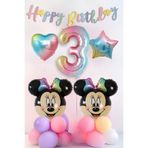 PARTİAVM 3 Yaş Minnie Mouse Balon Seti Parti Malzemeleri Rakamlı Gökkuşağı Folyo Balon Doğum Günü Süsleri