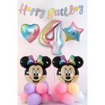PARTİAVM 4 Yaş Minnie Mouse Balon Seti Parti Malzemeleri Rakamlı Gökkuşağı Folyo Balon Doğum Günü Süsleri