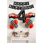PARTİAVM 4 Yaş Şimşek Araba Doğum Günü Parti Seti Siyah Rakam Balon Happy Birthday Banner Arabalar Set