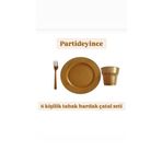 partideyince PLASTİK SERT MİKA TABAK ÇATAL BARDAK GOLD RENK 6 KİŞİLİK SET