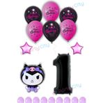 Party City Kuromi Balon Folyo Temalı 1 Yaş Kutlama-Happy Birthday Pembe Siyah Balon-Doğum Günü Parti Seti