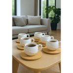 Paşabahçe 6'lı Porselen Kahve Fincan Takımı - Bambu Altlıklı Şık Modern Tasarım