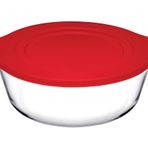 Paşabahçe Plastik Kırmızı Kapaklı, Borcam Yuvarlak Şeffaf Fırın Kabı, 1.45 Litre