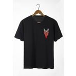 Pasage Erkek Siyah Maskeli Kedi Baskılı Bisiklet Yaka Oversize Rahat Kalıp Basic T-shirt