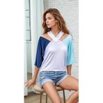 Pasaklı Giyim Dekolte Pencere Detaylı Kısa Kollu Lacivert Mint Beyaz T-Shirt, 36, 3265, Lacivert- Mint, Kadın