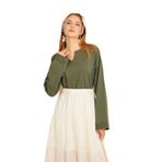 Pasaklı Giyim Ekstra Uzun Duble Kol Yakası Yırtmaçlı Salaş Sweatshirt Bluz, 36, 700-3470, Haki, kadın