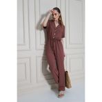Pasaklı Giyim Gül Kurusu Düğmeli Cepli Beli Büzgülü Kemerli Kısa Kollu Ceket Yaka Rahat Tulum, 42, Ceket Yaka Tulum, Gül kurusu, Kadın