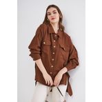 Pasaklı Giyim Kadın Oversize Arkası Uzun Pileli Uzun Kollu Uzun Keten Gömlek Tunik 3524310 Kahverengi 38