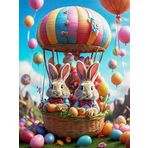 Paskalya Tavşanları Sıcak Hava Balonu Dekoratif Duvar Sanatı, Renkli Yumurtalar ve Çiçeklerle, Dijital Resim (30 x 22,5 cm)