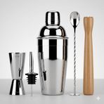 Paslanmaz Çelik Kokteyl Shaker Seti, Jigger, Bar Kaşığı, Ahşap Muddler ve Şişe Dökücü ile, Gümüş 350 cl