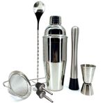 Paslanmaz Çelik Kokteyl Shaker Seti, Karıştırma Kaşığı, Jigger, Muddler ve Süzgeç Dahil, Gümüş 500 cl