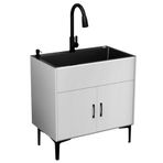 Paslanmaz Çelik Maket Lavabo Depolama Dolabı Derin Çamaşır Odası ve Mutfak Evyesi Combo Garaj Çamurluk veya Banyo için Açılır Musluk (Beyaz 50x40x78cm)