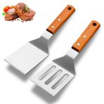 Paslanmaz çelik spatula seti, 2 adet ızgara çatal bıçak seti, spatula, mutfak plancha spatulası, düz ve delikli spatula, Teppanyaki, hamburger, biftek, pizza, fırın için ahşap saplı spatula