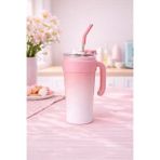 Paslanmaz Çelik Termos Bardak Pipetli Kapaklı Taşınabilir Soğuk Sıcak İçecek Mug (Pudra Pembe)