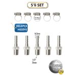 Paslanmaz Hortum Rekoru - 1/2inç Rekor + Kelepçe 5'li Set - Krom Çelik Hortum Ucu - 304 Kalite Standart