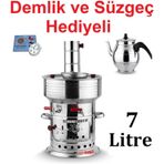 Paslanmaz Metal Odunlu Kömürlü Çay Semaveri Büyük Çift Musluklu Odunlu Kömürlü Semaver 7 Lt.