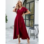 Passense Kadın Kısa Kollu Kruvaze Yakalı Ön Asimetrik Volanlı Uzun Ithal Krep Elbise - 2XL - 3XL - Kırmızı