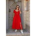 Passense Kadın Kısa Kollu Yuvarlak Yaka Önden Yırtmaçlı Cepli Viskon Uzun Elbise - Kırmızı - 2XL - 3XL