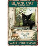 Passpano Ahşap Vintage Tablo " Black Cat Wash Your Paws" Ahşap Mdf 25X35 cm
