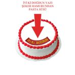 Pasta9 Şeker Hamurundan iyi Ki Doğdun Yazı Kırmızı Üzerine Sarı Renk Pasta Süsü
