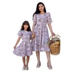 Pastel Çiçekli Kare Yaka Karpuz Kol Kloş Elbise ANNE-KIZ Kombini (Kahverengi, 2-3 Yaş)
