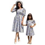 Pastel Çiçekli Kare Yaka Karpuz Kol Kloş Elbise ANNE-KIZ Kombini (Mavi, XL)