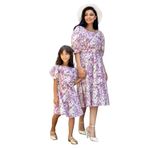 Pastel Çiçekli Kare Yaka Karpuz Kol Kloş Elbise ANNE-KIZ Kombini (Pembe, XL)
