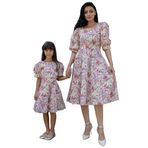 Pastel Çiçekli Kare Yaka Karpuz Kol Kloş Elbise ANNE-KIZ Kombini (Turuncu, 2XL)