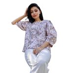 Pastel Çiçekli Salaş Kesim Balon Kol Bluz (Kahverengi, 2XL)