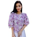 Pastel Çiçekli Salaş Kesim Balon Kol Bluz (Pembe, XL)