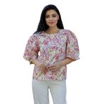 Pastel Çiçekli Salaş Kesim Balon Kol Bluz (Turuncu, 3XL)