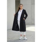 Pastelastore %100 Pamuk Ekstra Uzun (120CM) Kruvaze Kadın Trençkot 1121 - Soft Black - 2XL