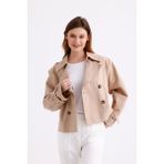 Pastelastore %100 Pamuk Gabardin Astarlı Oversize Geniş Kalıp Kadın Crop Kısa Trençkot 1122 - Açık Bej