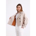 Pastelastore %100 Pamuk Gabardin Astarlı Oversize Geniş Kalıp Kadın Crop Kısa Trençkot 1122 - Taş