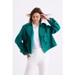 Pastelastore %100 Pamuk Gabardin Astarlı Oversize Geniş Kalıp Kadın Crop Kısa Trençkot 1122 - Zümrüt