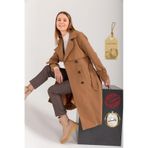 Pastelastore %100 Pamuk Gabardin Uzun 110cm Astarlı Kemerli Kadın Trençkot 1111 Bej