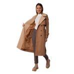 PASTELASTORE%100 Pamuk Gabardin Uzun (110cm) Çift Renk Garnili Astarlı Kemerli Kadın Trençkot 1114 (XXL, Açık bej yakalı Koyu Bej)