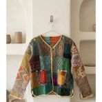 Patchwork Pamuk Kadın Ceket – Çok Renkli Kapitone Bohem Mevsimlik Ceket - L - XL