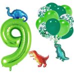 Patladı Gitti 9 Yaş Dinazor Set; Rakam Folyo, 3 Adet Mini Dinazor ve 10 Lu Balon - Açık Yeşil - Koyu Yeşil