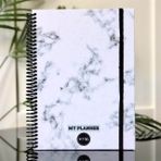 Patladı Gitti Beyaz Mermer Tasarımlı Spiralli Lastikli Sert Kapaklı ve Sticker'lı Defter Haftalık Planlayıcı