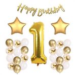 Patladı Gitti Gold Konsept 1 Yaş Doğum Günü Kutlama Seti; Beyaz Gold Konfetili Balon, Rakam Yıldız Folyo ve Banner