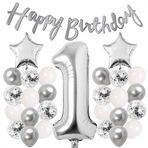 Patladı Gitti Gümüş Konsept 1 Yaş Doğum Günü Kutlama Seti Beyaz Gümüş Konfetili Balon Rakam Yıldız Folyo ve Banner