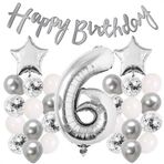 Patladı Gitti Gümüş Konsept 6 Yaş Doğum Günü Kutlama Seti Beyaz Gümüş Konfetili Balon Rakam Yıldız Folyo ve Banner