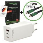 Patona Premium 100W Gan Şarj Adaptörü (2xusb-C + 1xusb-A) + 100W E-Marker Usb-C Kablo (1m) Set – Hızlı Şarj, Laptop ve Telefon Uyumlu - Beyaz