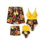 PATPAT Anne ve Ben Eşleşen Mayo: Tek Parça V Yaka Mayo Yapraklar Baskılı Aile Mayo Eşleşen Set, Güneş Işığı Sarısı, XL