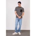 Pavotti Erkek Siyah -Beyaz Çizgili Bisiklet Yaka,Cep Detaylı Süprem Kumaş T-Shirt ,Günlük Dar Kesim