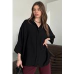 Paw Garage Kadın Evelyn Siyah Oversize Gömlek, Keten Ayrobin Ön Patlı Gömlek